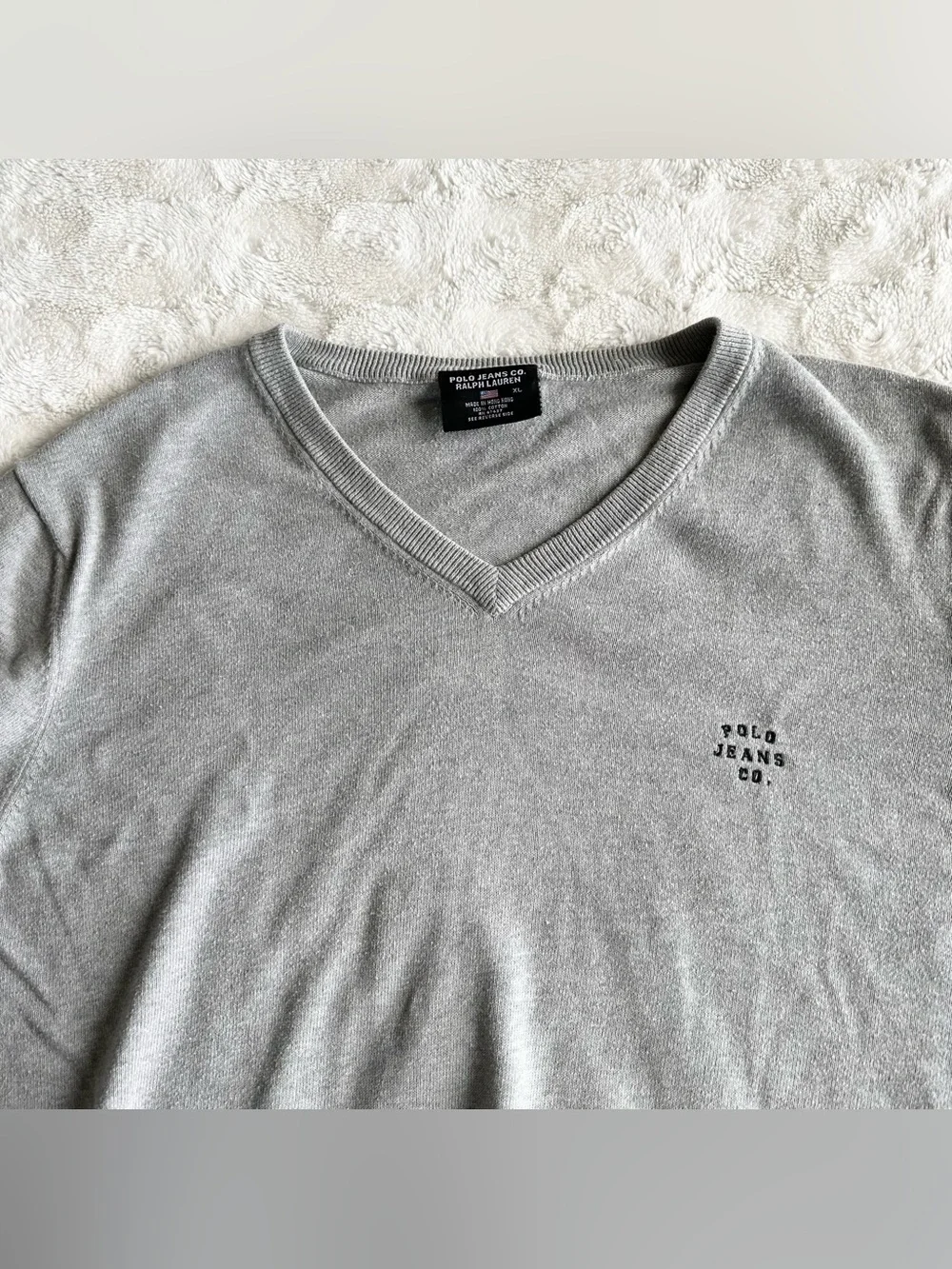 Vintage Polo Jeans Co Sweater Pullover Mens XL Gray Ralph Lauren Knit V-Neck Vtg